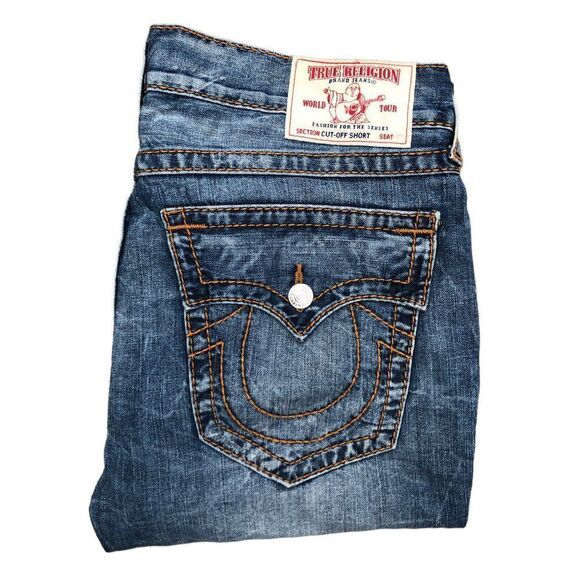 RARE True Religion Jeans Shorts Size 38 STRAIGHT BIG T Blue - Picture 1 of 8